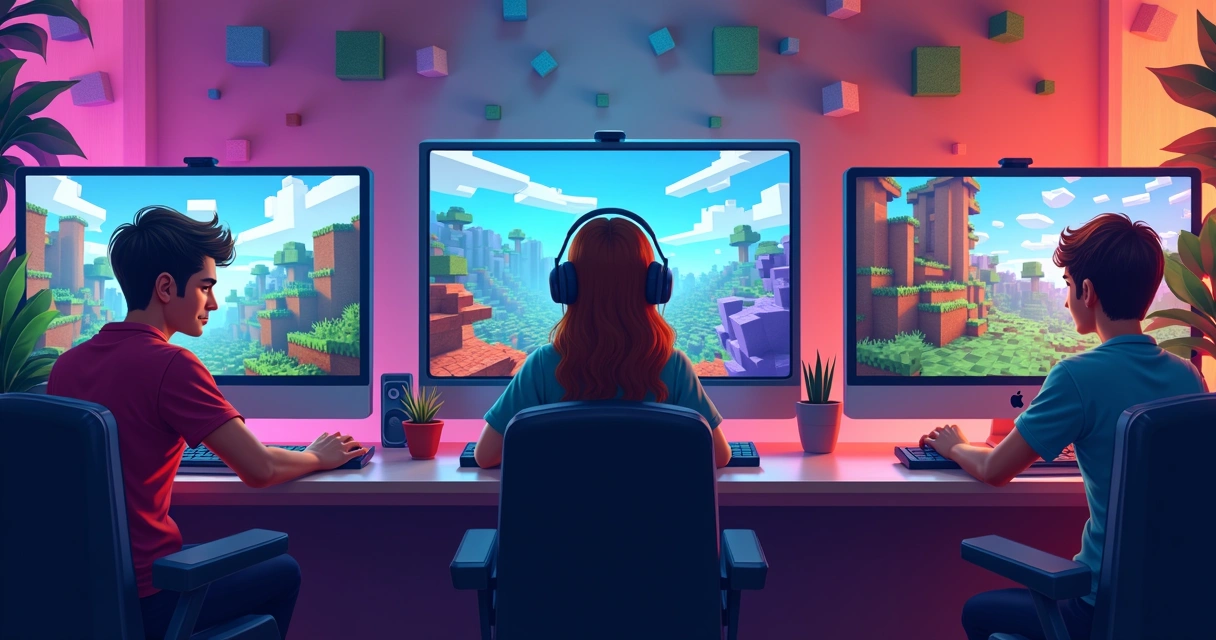 Vários criadores de conteúdo trabalhando em computadores coloridos e criando vídeos de jogos Minecraft 