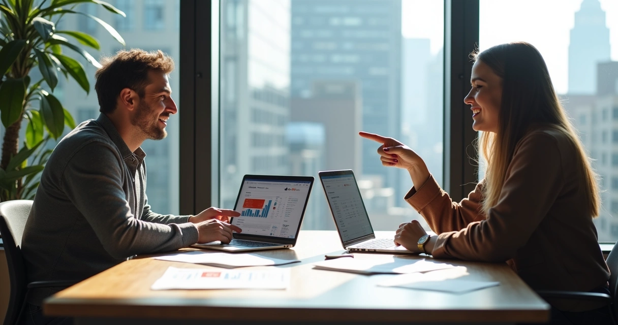 Criadores e marcas em reunião negociando campanhas de anúncios dinâmicos 