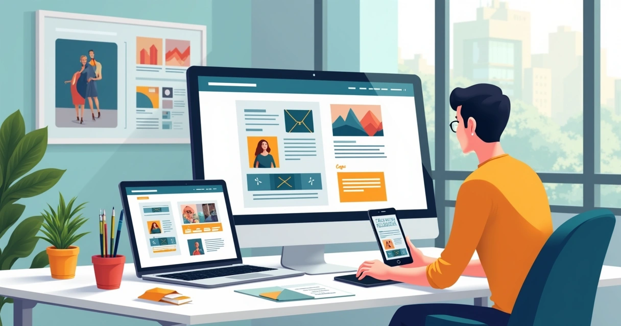 Profissional de criação analisando diferentes portfólios online exibidos em monitores, tablets e smartphones em ambientes criativos e de trabalho 