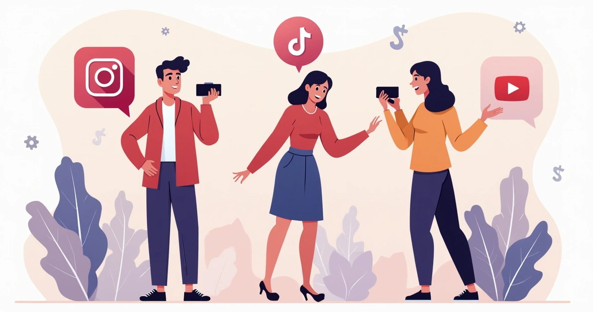 Pessoas diversas criando conteúdos para Instagram, TikTok e YouTube 