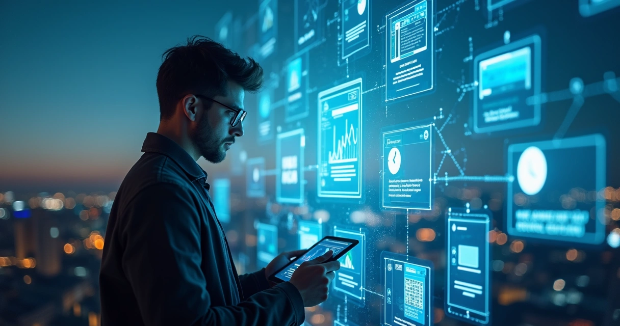 Pequeno empresário construindo sua presença digital em painel flutuante de sites 