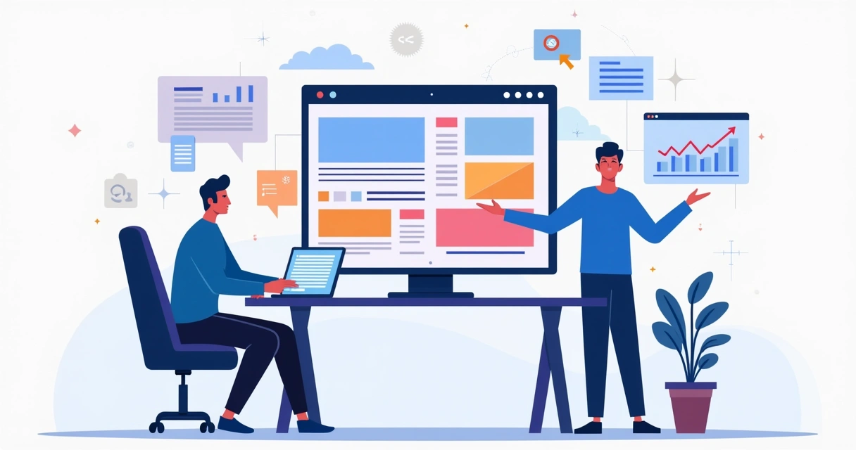 Ilustração de profissional criando site em HTML com vários construtores na tela 