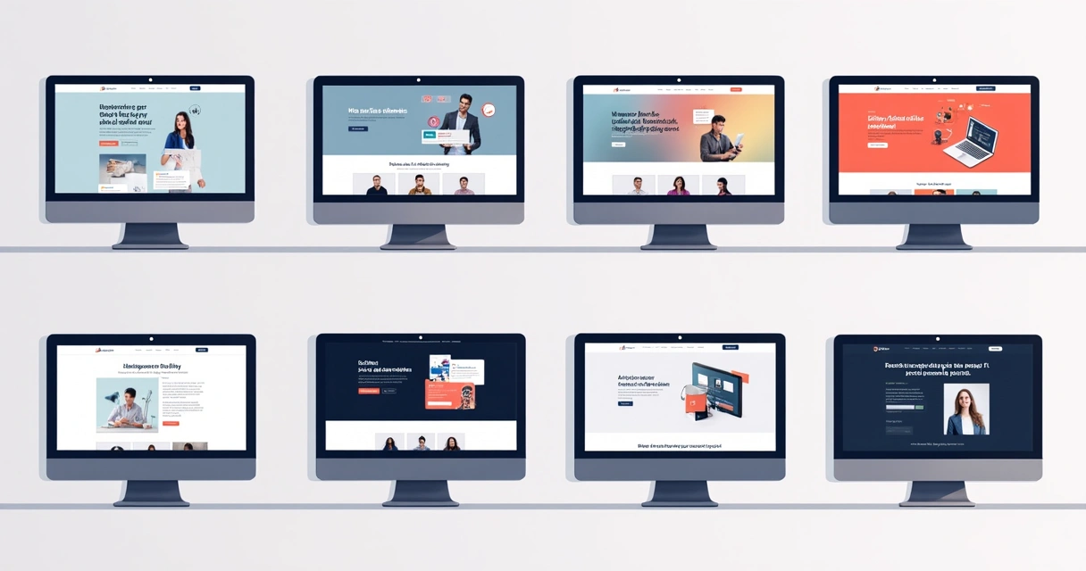 Oito exemplos de sites one page exibidos em monitores modernos 
