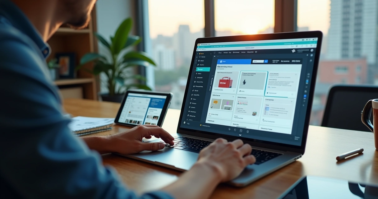 Profissional analisando criadores de sites em um notebook com gráficos e templates na tela 