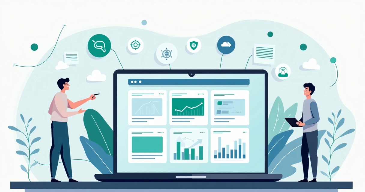 Ilustração de painel com comparação de criadores de sites em tela de notebook 