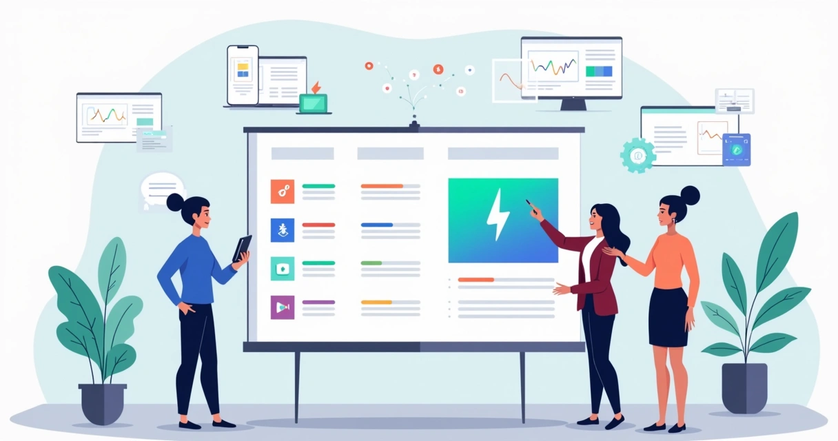 Painel comparando vários criadores de sites com IA em estilo ilustração corporativa 