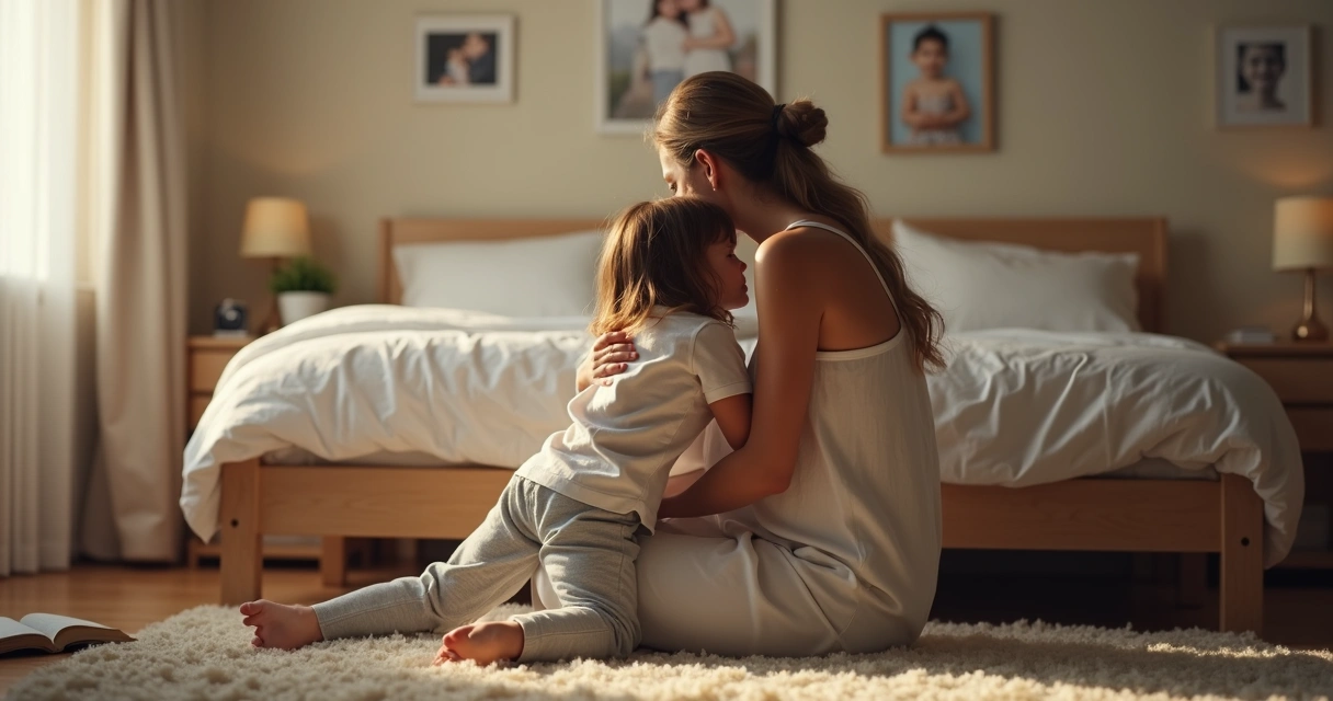 Criança sendo abraçada por mãe orando, expressando conforto e proteção. 