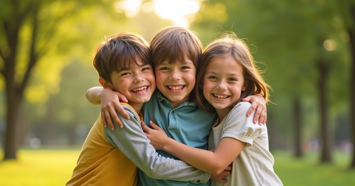Garoto abraçando dois amigos sorrindo em parque 