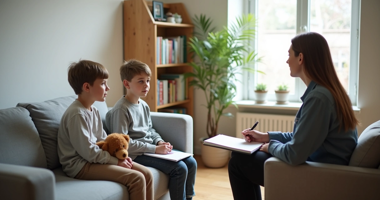 Criança e adolescente conversando com terapeuta em consultório acolhedor 