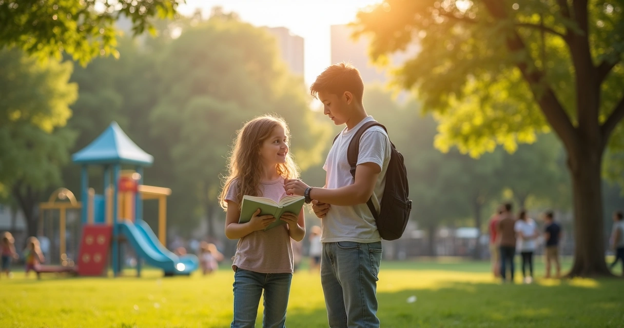 Criança e adolescente em ambiente urbano, interagindo em praça com área verde ao fundo, simbolizando proteção e direitos garantidos pelo ECA 