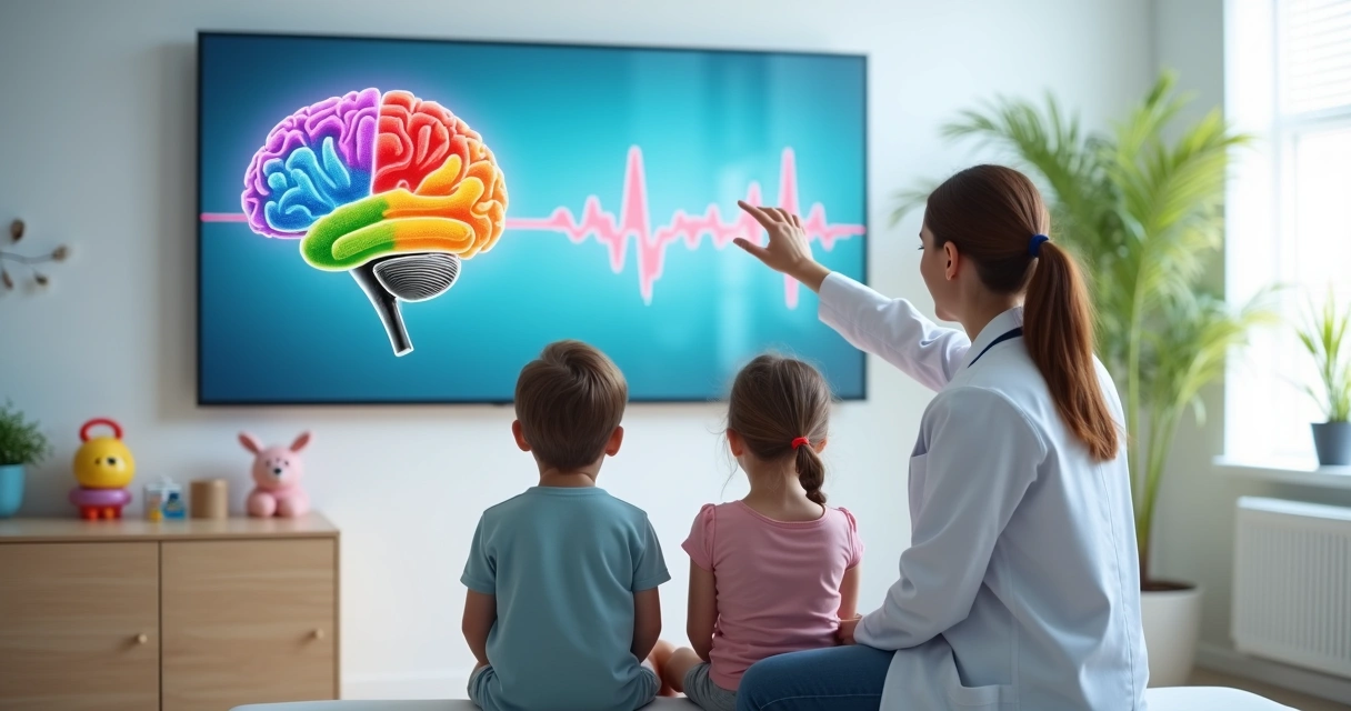 Criança e adolescente observando traçados de eletroencefalograma em monitor colorido 