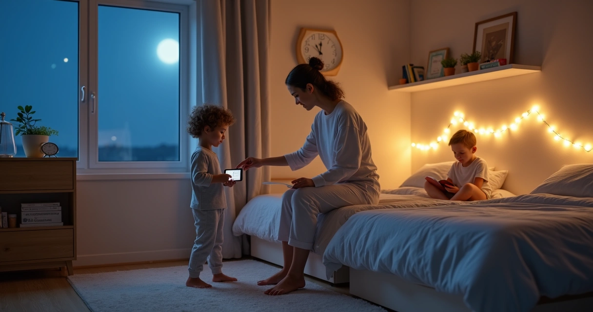 Mãe observa criança e adolescente preparando a rotina de sono em quarto aconchegante à noite 