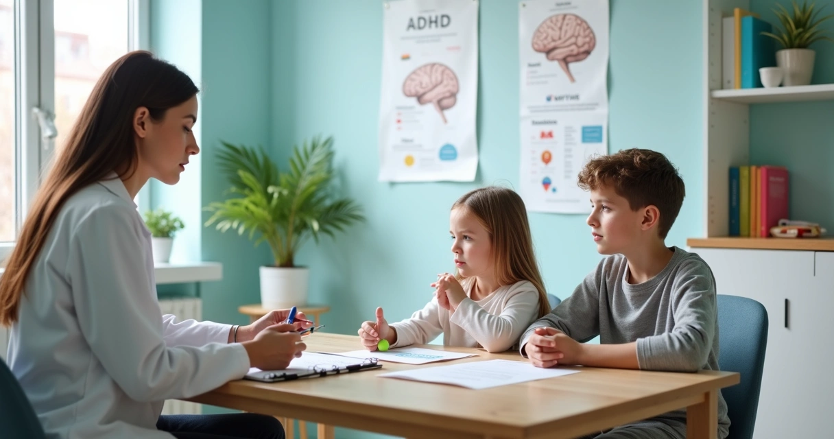 Criança e adolescente com TDAH em consulta com neurologista avaliando diagnóstico 