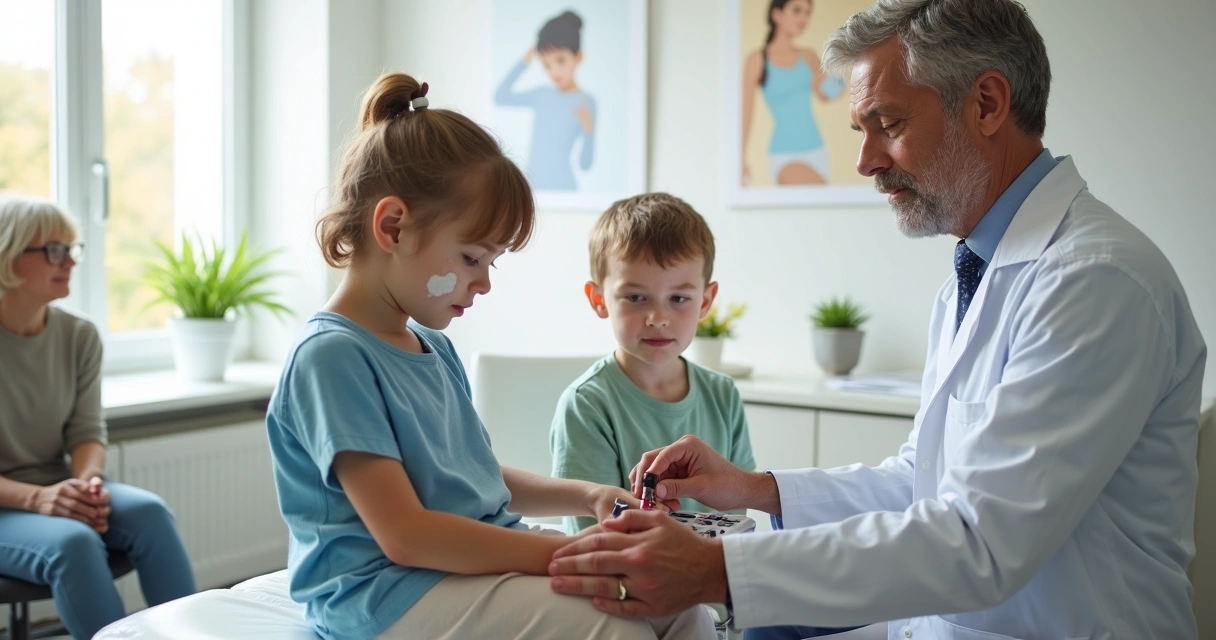 Dermatologista examinando pele de criança com vitiligo ao lado de adolescente na consulta 