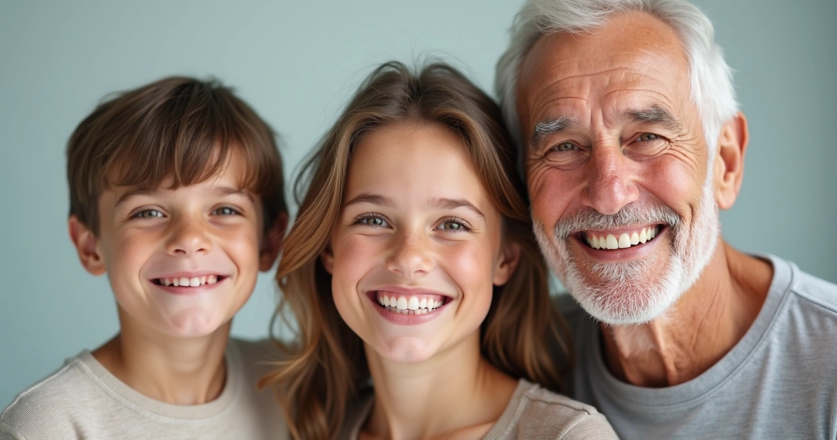 Criança, adulta e idoso sorrindo juntos