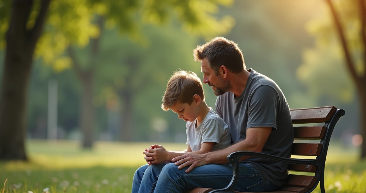 Criança e adulto sentados lado a lado, ambos pensativos 