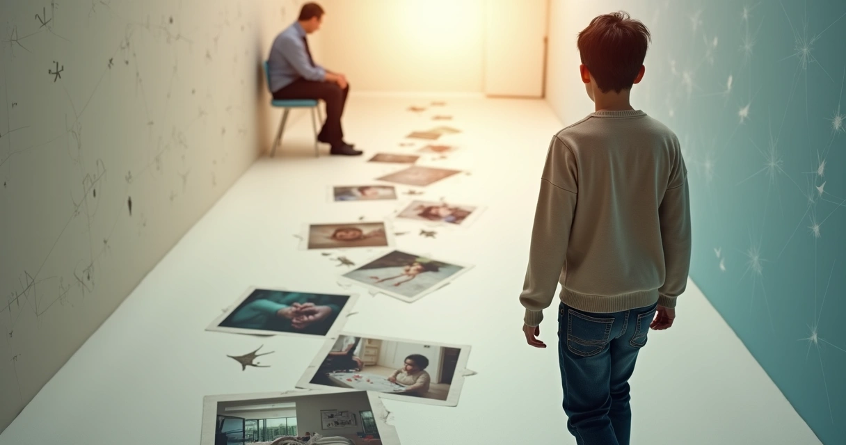 Adulto caminhando por caminho formado por fotos de infância fragmentadas 