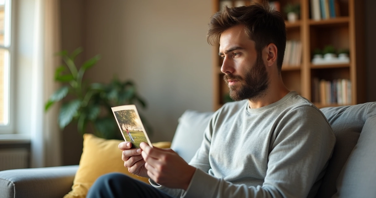 Adulto sentado lembrando da própria infância ao olhar uma foto antiga 