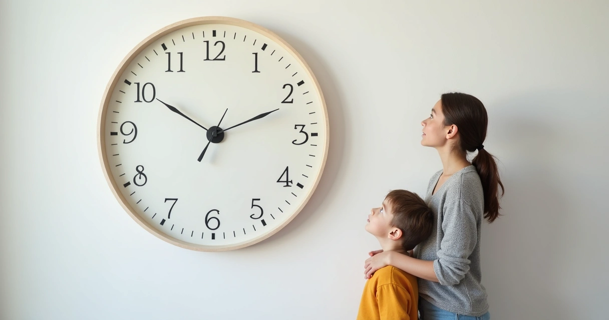 Criança e adulto olhando relógio de parede, expressão de surpresa e reflexão 