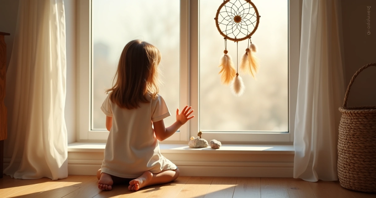 Menina ajoelhada perto de uma janela, olhando para fora com luz suave