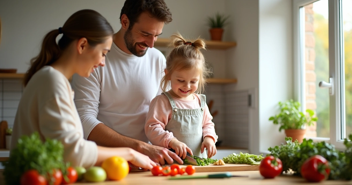 Criança ajudando pais a preparar refeição na cozinha