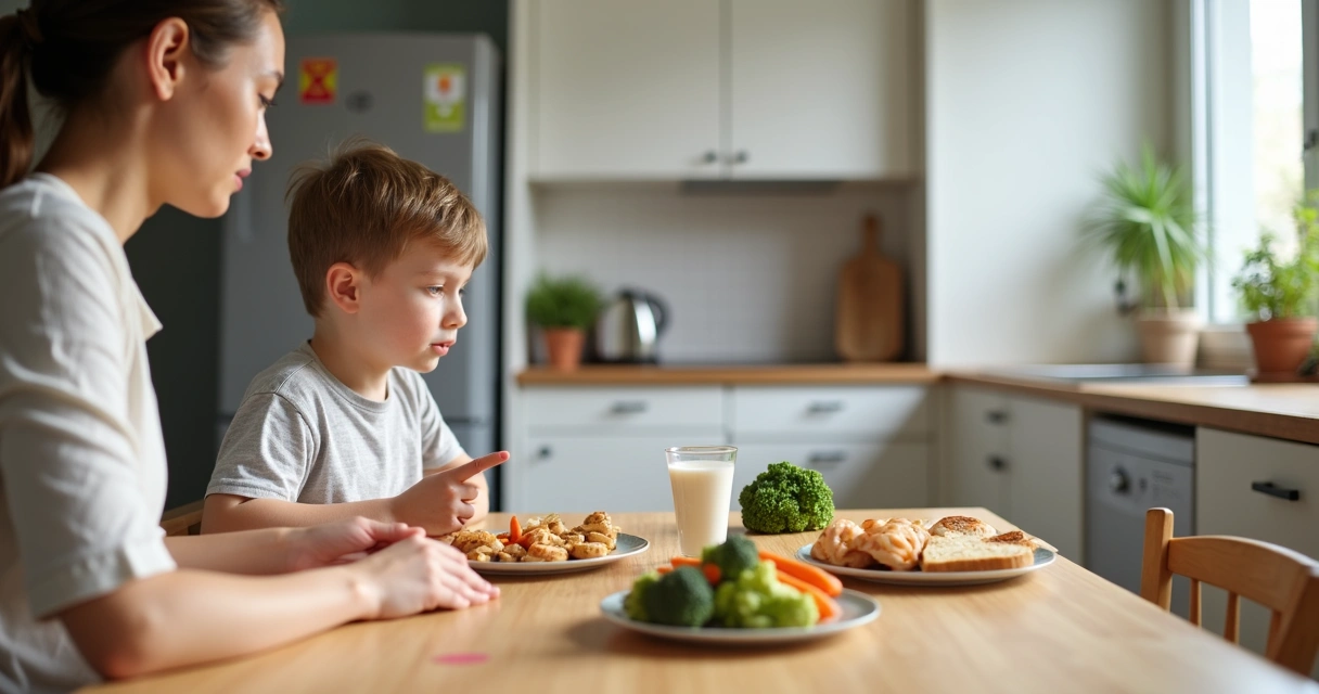 Criança com alergia alimentar sentada à mesa com mãe escolhendo alimentos seguros 