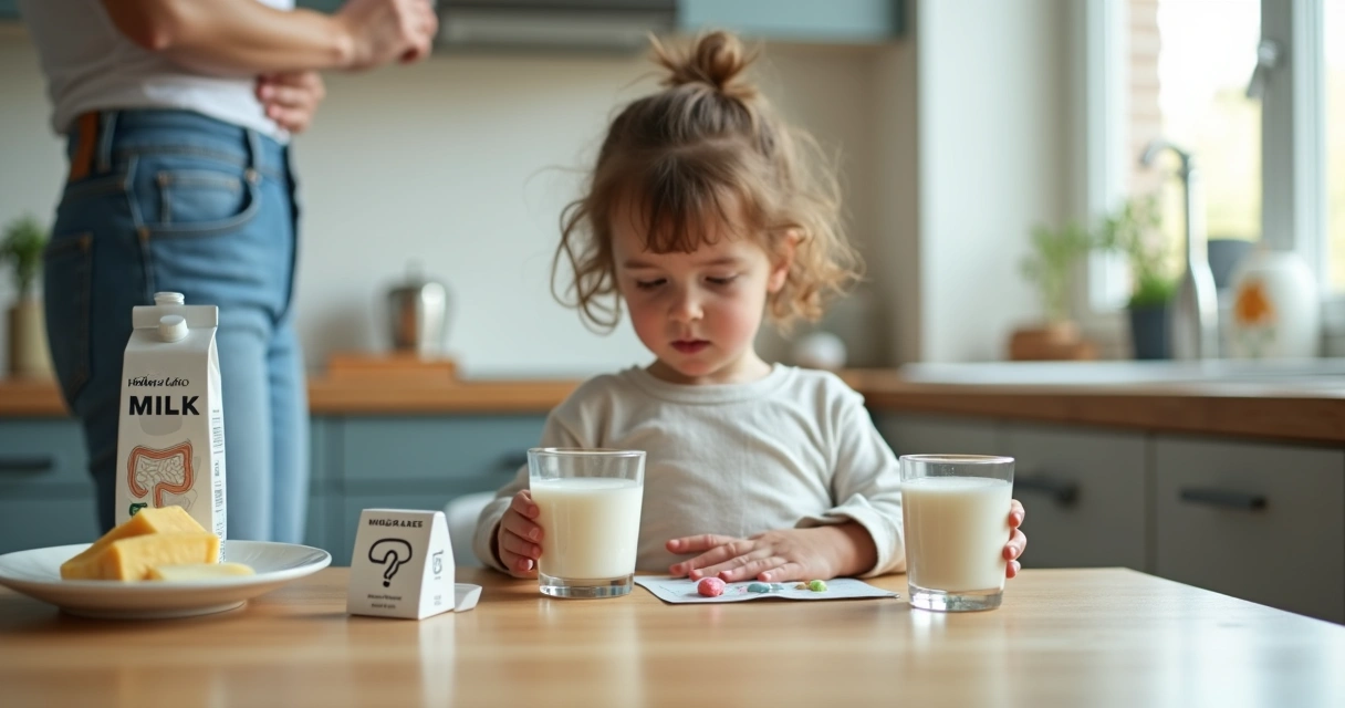 Criança pequena em cozinha olhando copo de leite com expressão de desconforto 