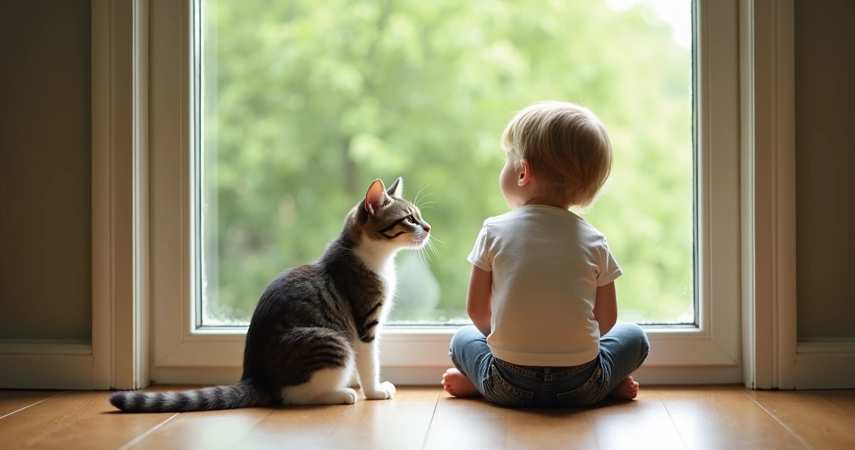 Criança e gato sentados juntos no chão olhando pela janela 