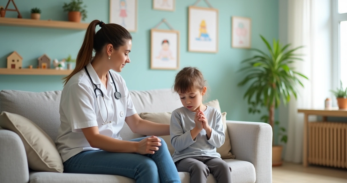 Mãe conversando com criança ansiosa sentada em sofá em consultório pediátrico acolhedor 