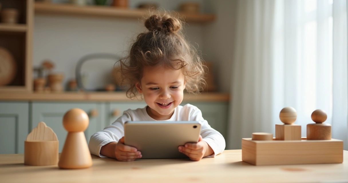 Criança interagindo com tablet educativo em ambiente calmo 
