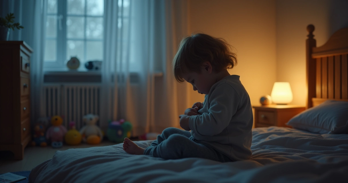 Criança sentada em um quarto pouco iluminado, abraçando os joelhos ao peito. 