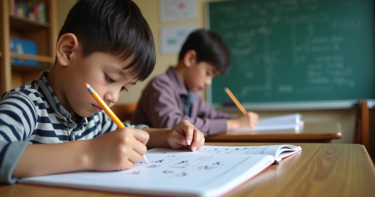 Menino escrevendo letras em caderno com professora ao lado 