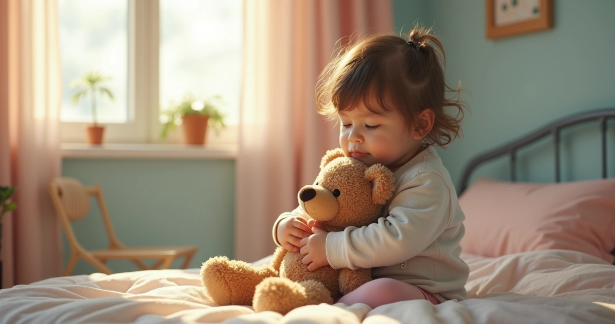 Criança sentada em quarto, abraçando um ursinho de pelúcia, com expressão de conforto