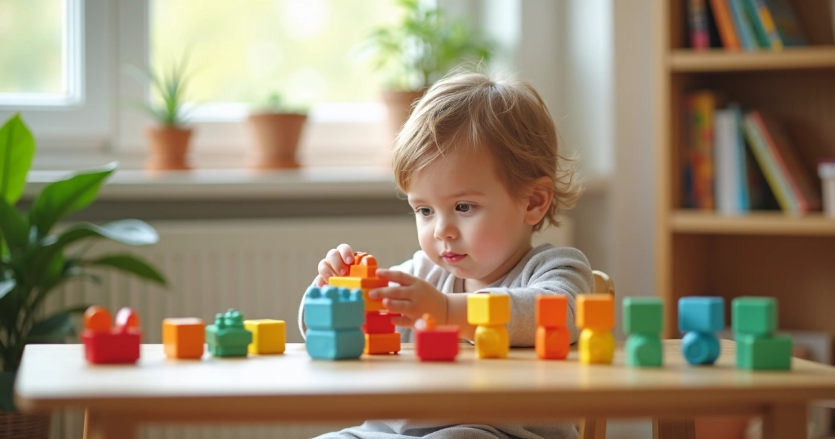 Criança pequena brincando com blocos educativos em uma mesa colorida 