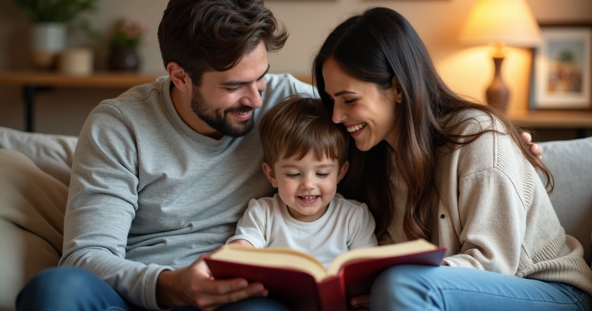 Criança sorrindo ao lado dos pais, aprendendo no lar 