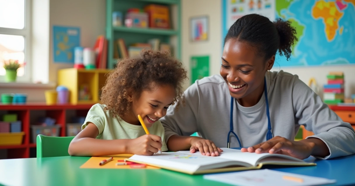 Criança estudando com voluntário em sala de aula colorida 