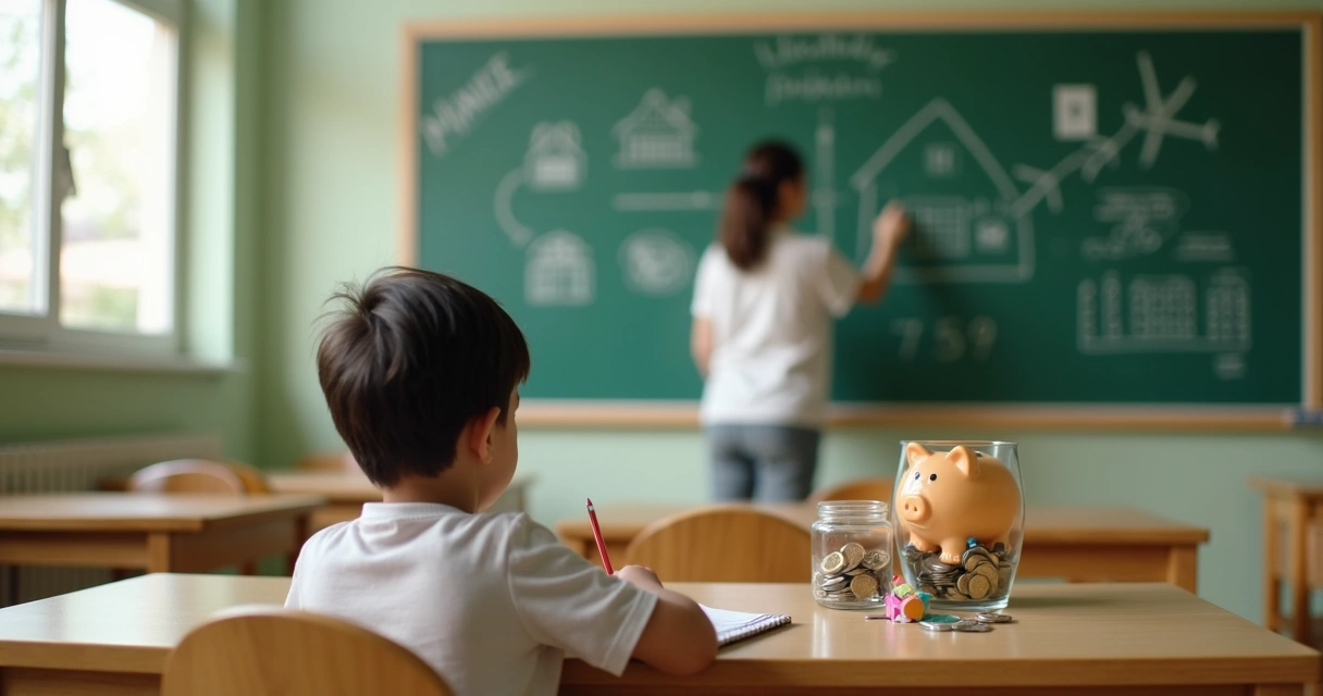 Criiança em sala de aula observa professora explicando valores com notas brinquedo 