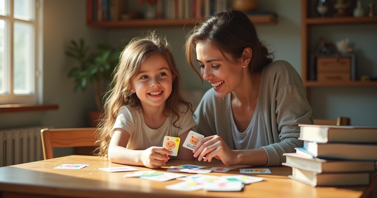 Menina sentada com adulto mostrando cartelas coloridas de emoções 