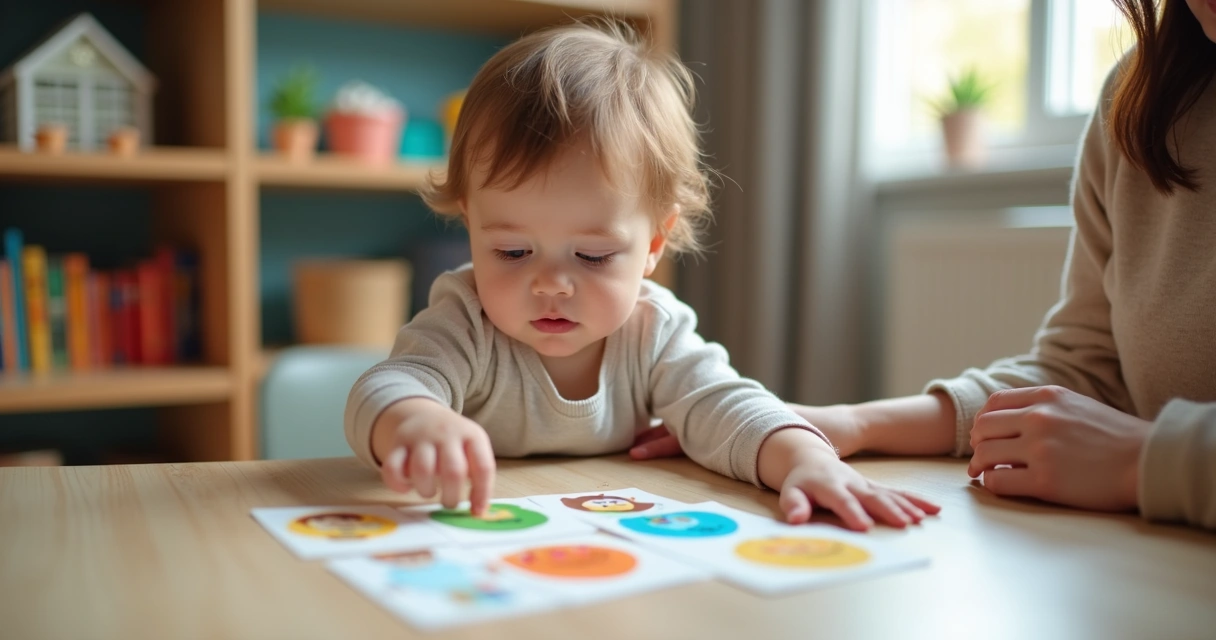 Criança pequena identificando emoções com cartão ilustrado 