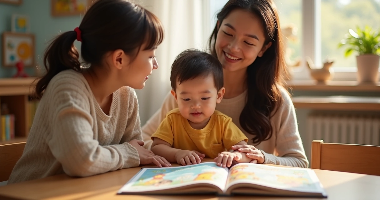 Criança com adultos lendo livro sobre emoções em mesa de madeira 