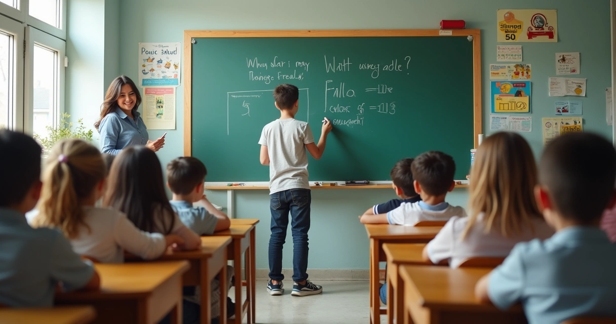 Criança escrevendo no quadro em sala de aula com colegas ao fundo 