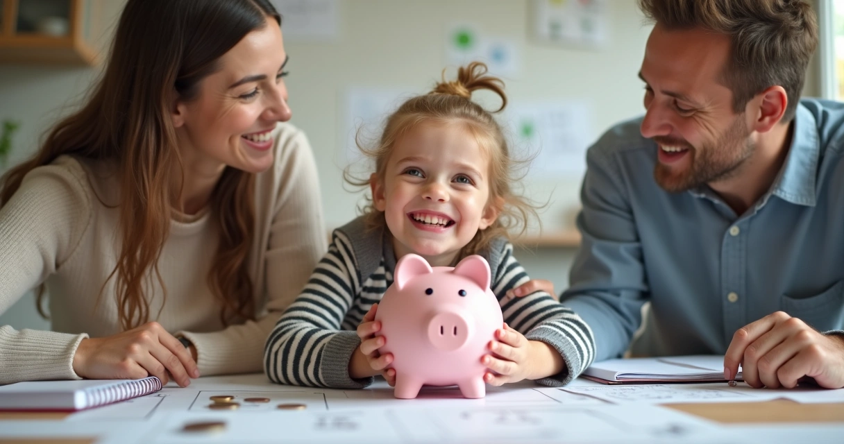 Criança sorrindo segurando um cofrinho ao lado dos pais 