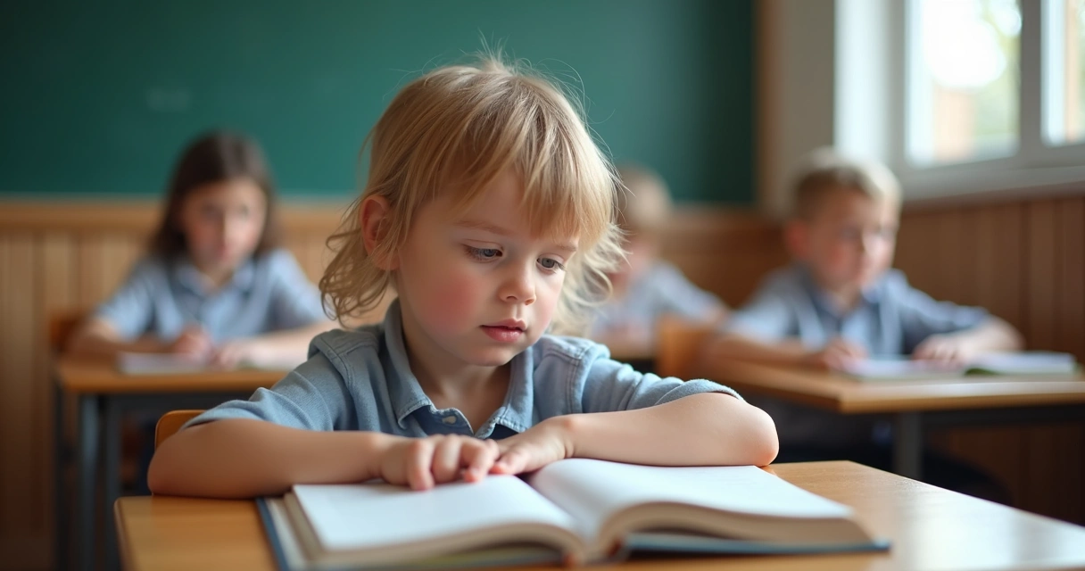 Criança pequena lendo livro em sala de aula com expressão concentrada 