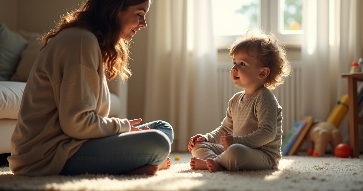 Criança sentada, ouvindo atentamente um adulto durante conversa
