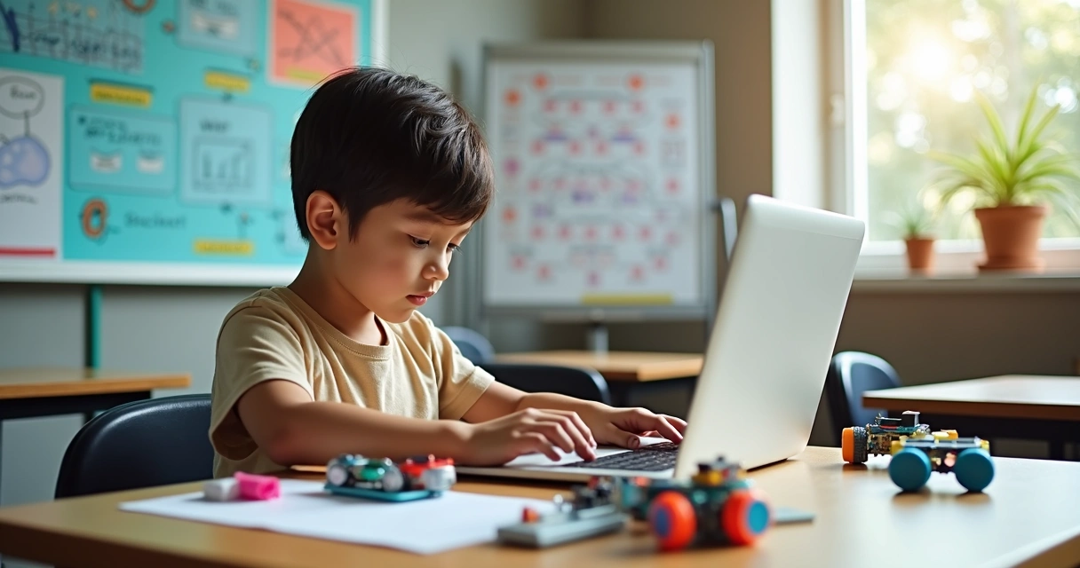 Criança usando computador e peças de robótica para aprender pensamento computacional na escola 