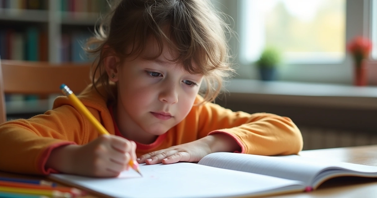 Criança estudando e refletindo sozinha com caderno 