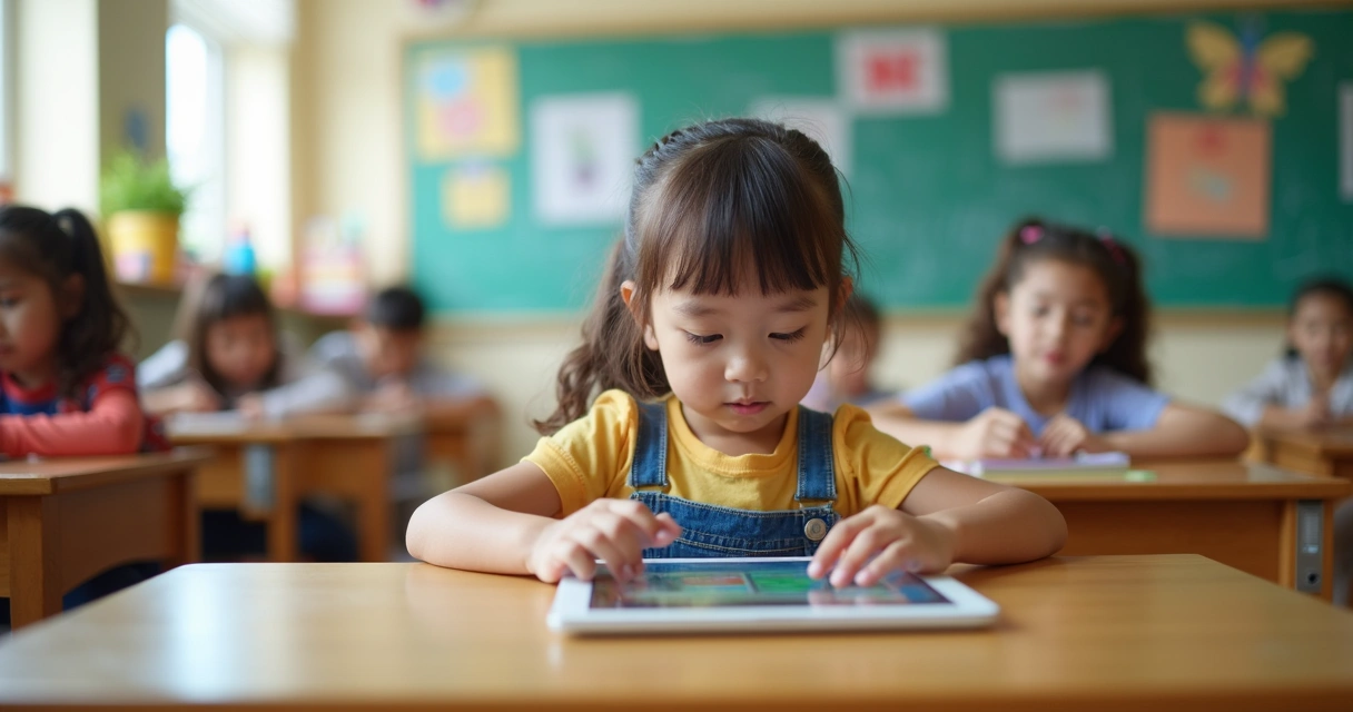 Criança estudando em tablet na sala de aula 