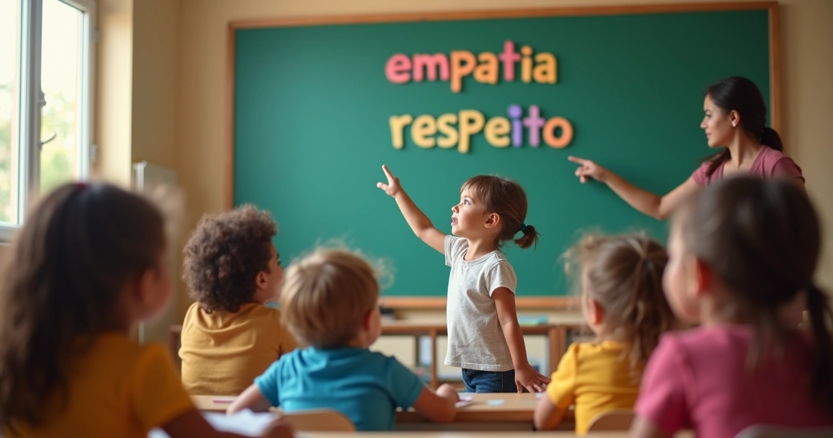 Criança em sala de aula aprendendo sobre valores em um quadro colorido 