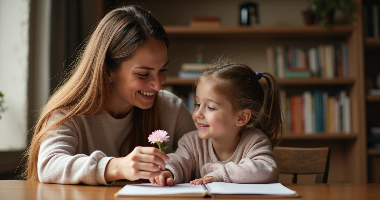 Criança aprendendo com a mãe em um momento de carinho 