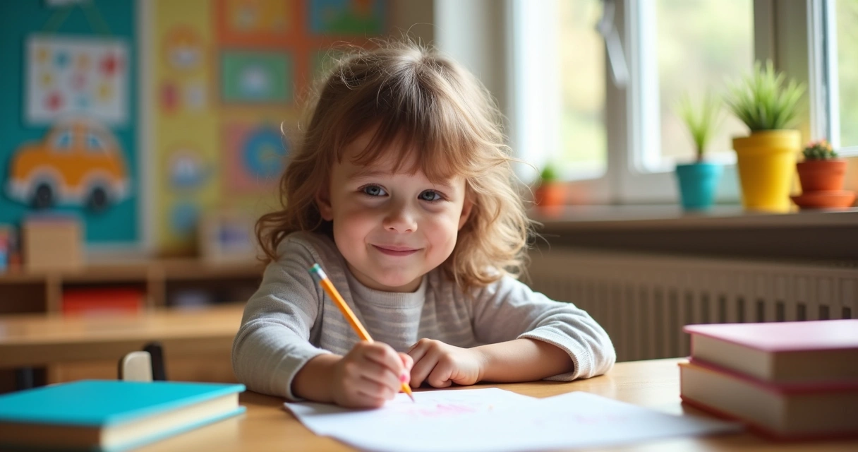 Criança sorrindo rodeada de livros, estudando alegremente 